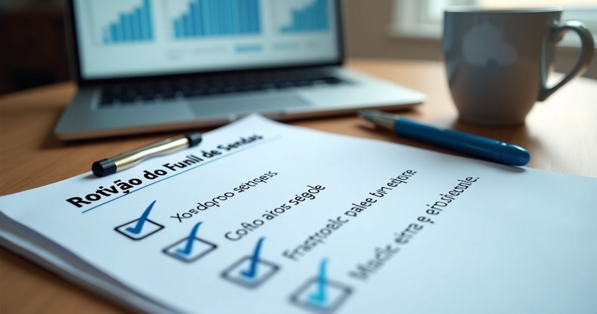 Checklist impresso com itens para revisão do funil de vendas, ao lado de laptop. 
