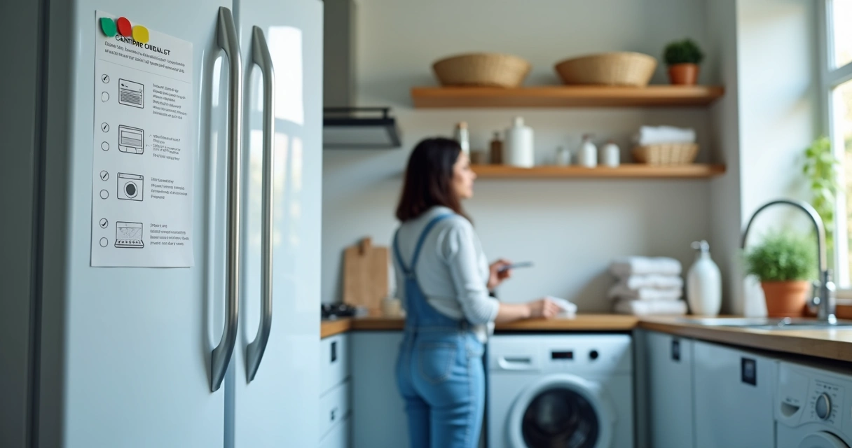 Morador conferindo checklist colado em geladeira ao lado de máquina de lavar em área de serviço 