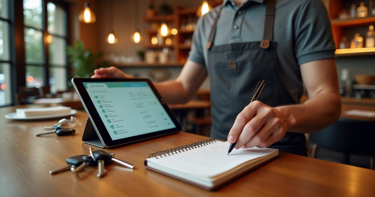 Gerente de restaurante revisando checklist diário em tablet sobre o balcão 
