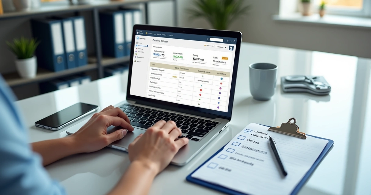 Profissional organizando checklist de gestão de clientes PJ no notebook com gráficos e planilha 