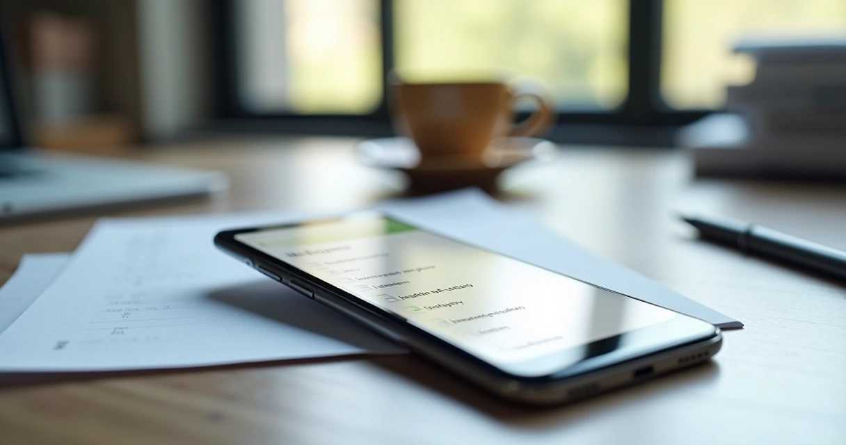 Tela do Google Tarefas exibida em smartphone sobre mesa de escritório 