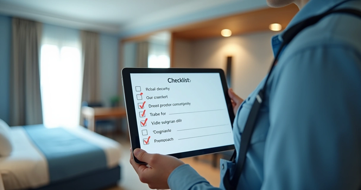Tela digital de checklist de camareira com tarefas exibidas em tablet sobre fundo de quarto de hotel. 