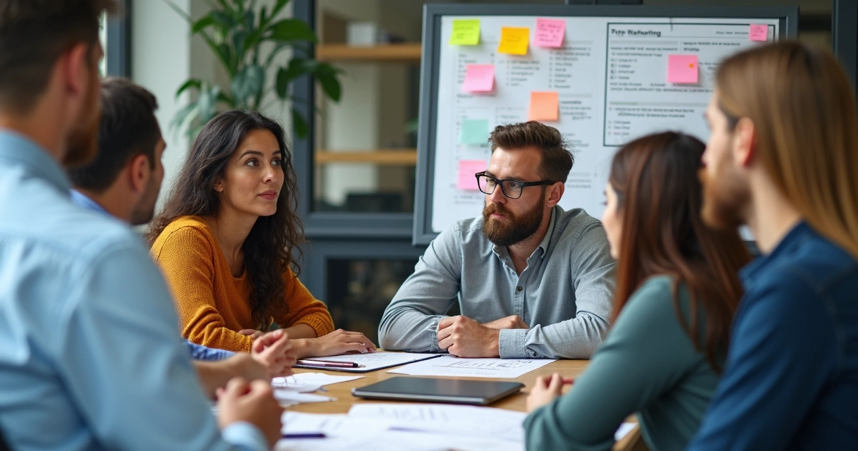 Equipe de marketing reunida analisando um plano impresso e sticky notes em uma parede 