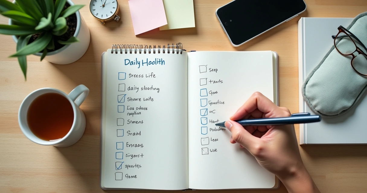 Pessoa marca checklist de hábitos saudáveis em caderno na mesa com itens de bem-estar 