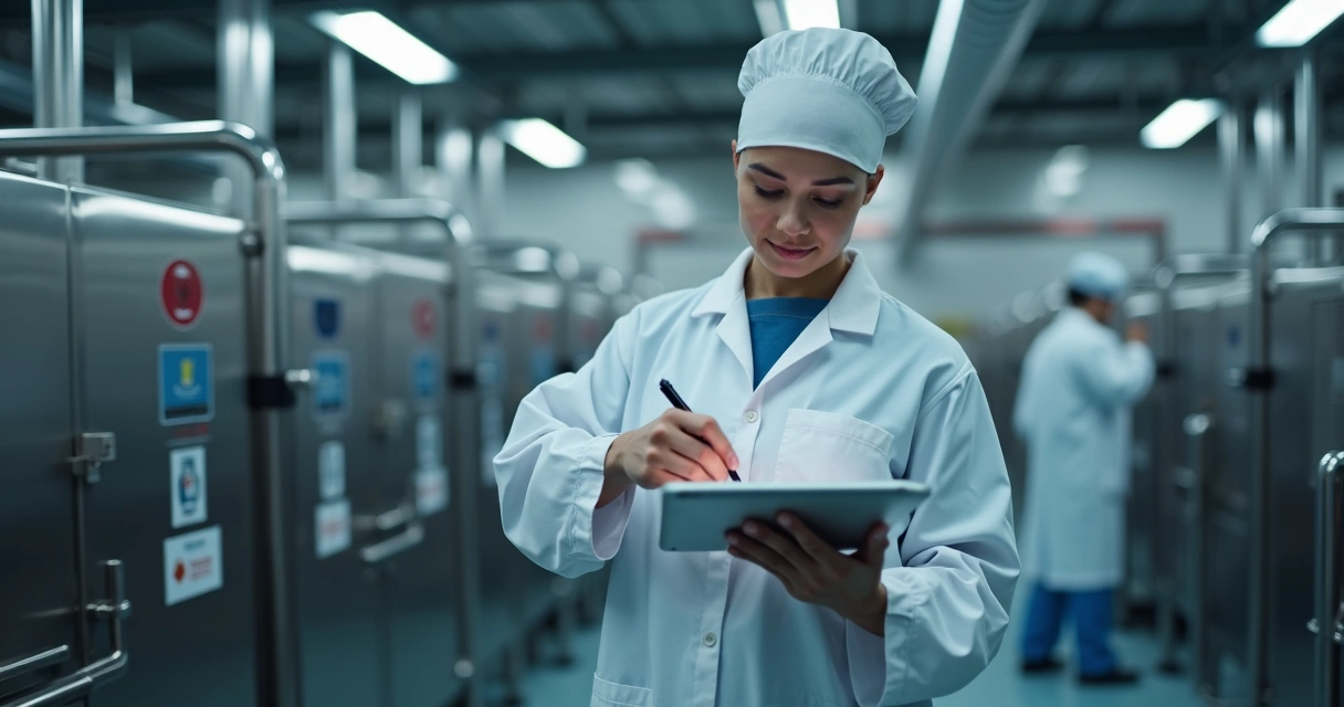 Técnico preenchendo checklist digital de higiene em fábrica de alimentos