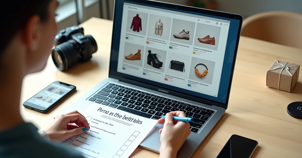 Empresária analisando fotos de produtos em checklist antes de publicar no marketplace 