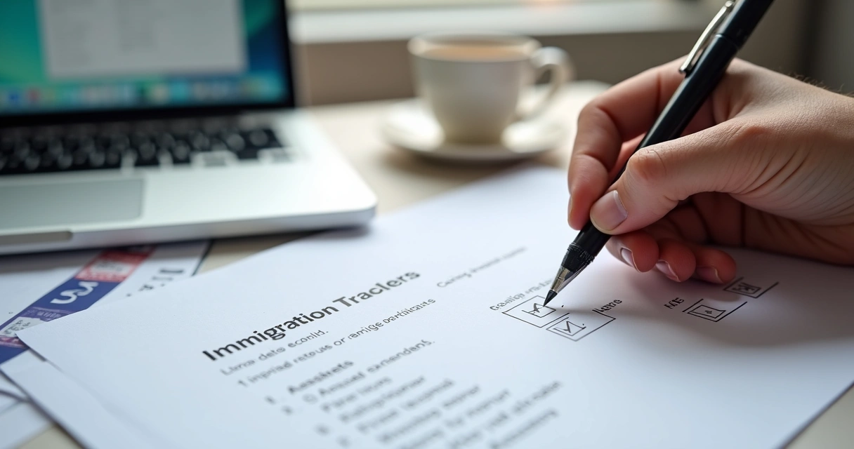 Checklist de imigração com itens marcados e laptop na mesa