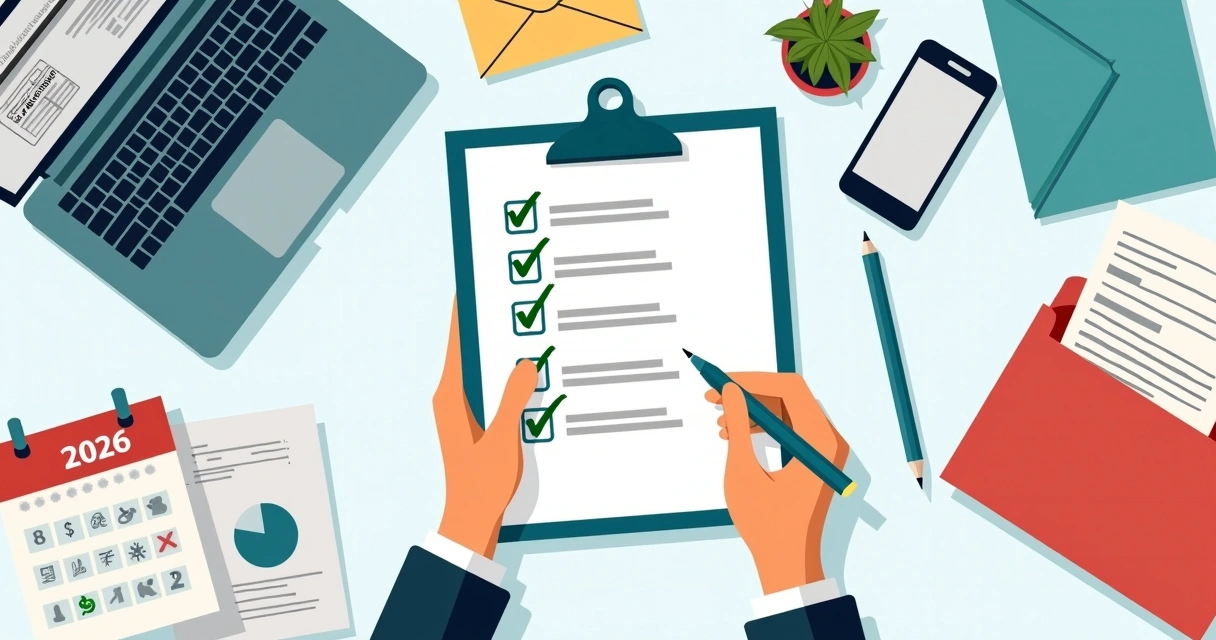 Checklist de documentos de Imposto de Renda 2026 organizado sobre mesa com computador e pasta 