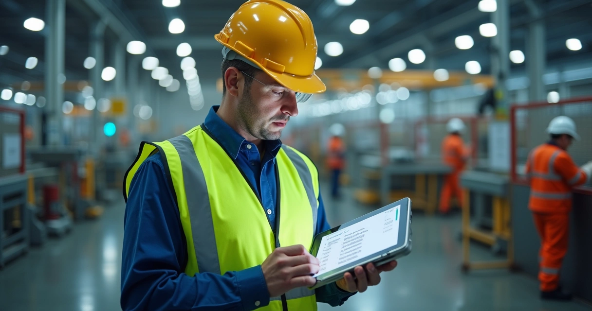Profissional conferindo checklist digital pré-atividade em tablet em ambiente industrial. 