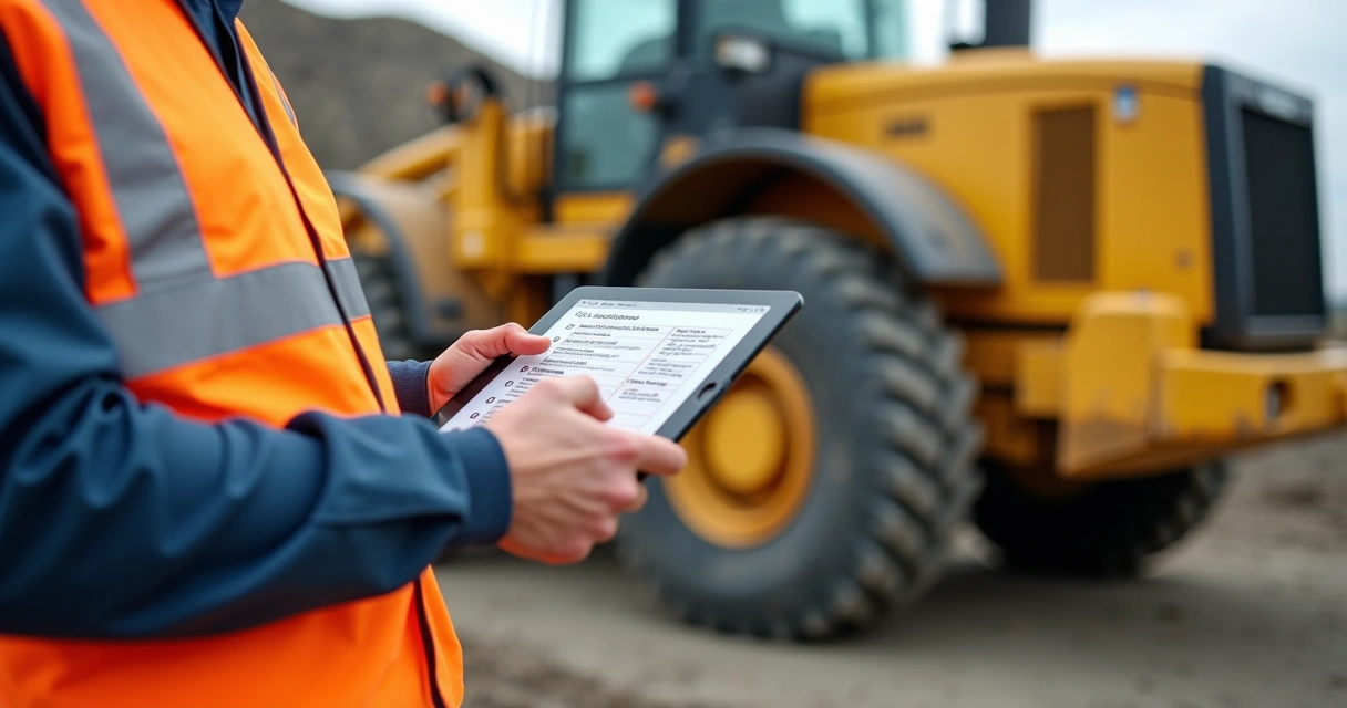 Operador preenchendo checklist digital em tablet junto a máquina amarela
