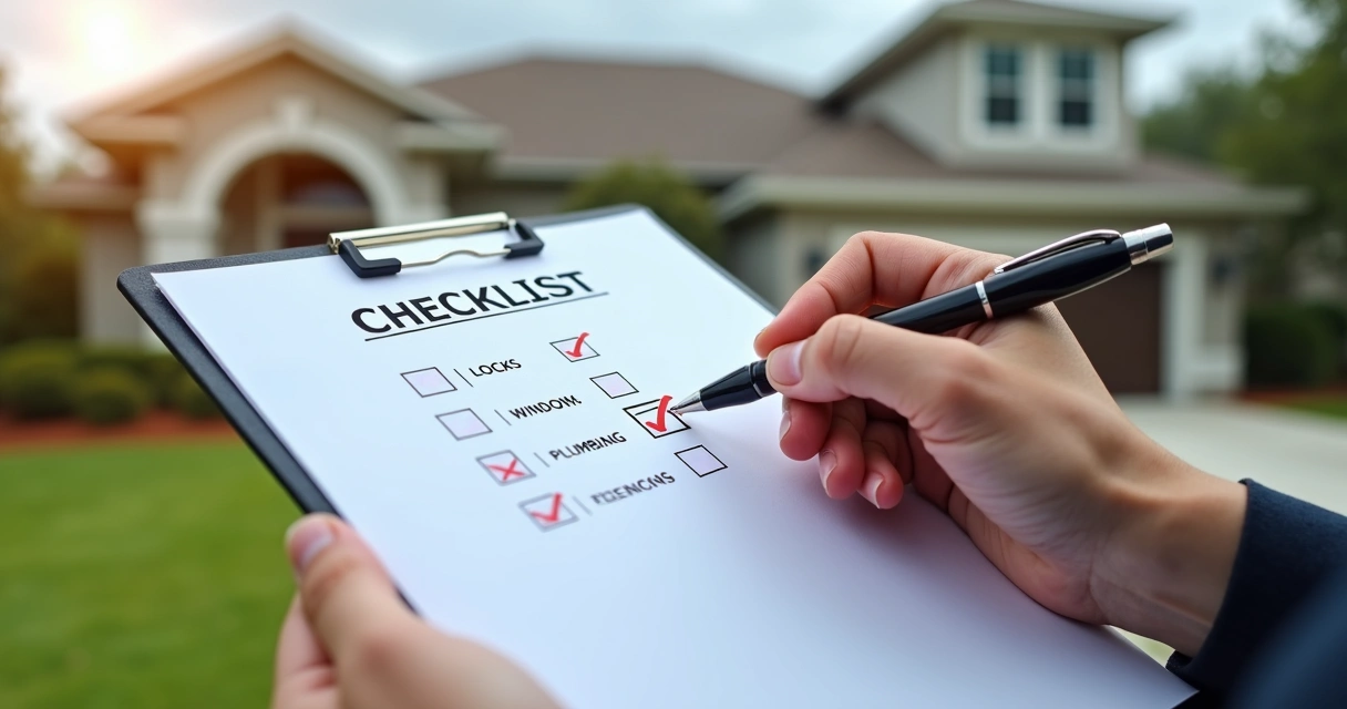 Mão segurando checklist durante inspeção em casa nos EUA 