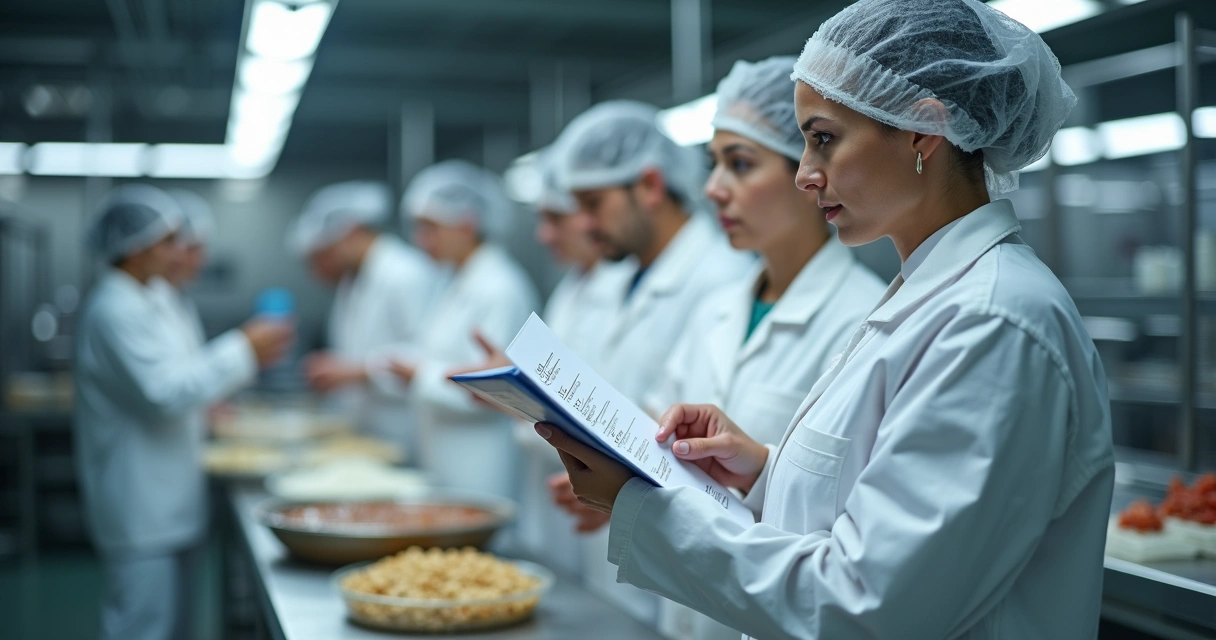 Equipe conferindo checklist em fábrica de alimentos