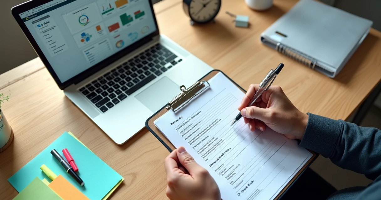 Gestor marcando checklist em prancheta sobre painel de sistema interno aberto em notebook 