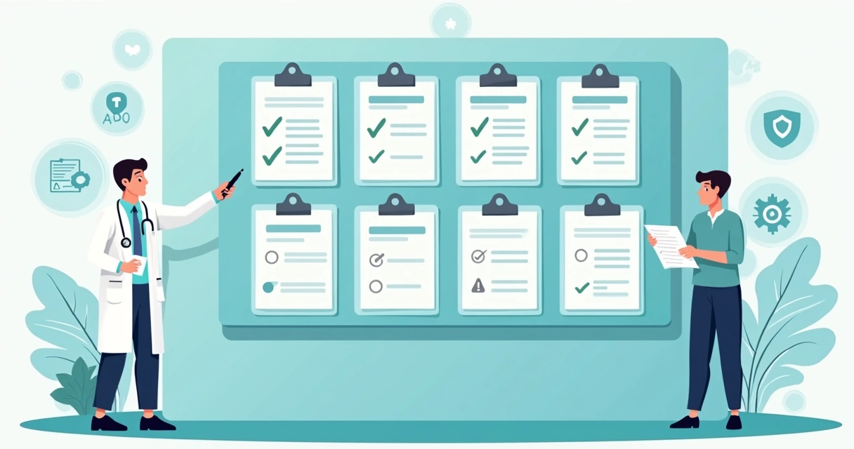 Equipe médica organizando checklist visual de integrações com convênios 