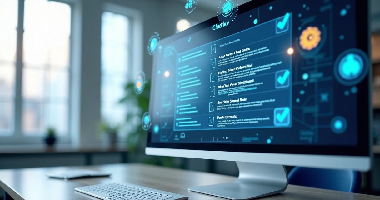 Checklist digital inteligente em tela de computador com ícones de API e elementos de automação 