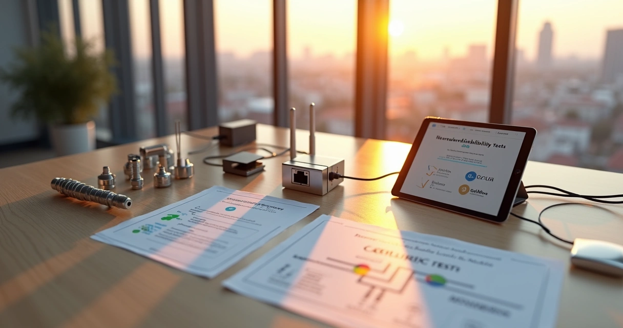 Mesa com sensores IoT variados ligados a tablet exibindo checklist digital 