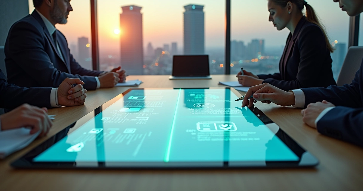 Mesa de reunião com checklist digital conectando duas empresas 