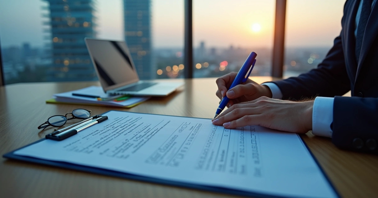 Profissional marcando checklist jurídico diante de dois prédios de tecnologia se separando 