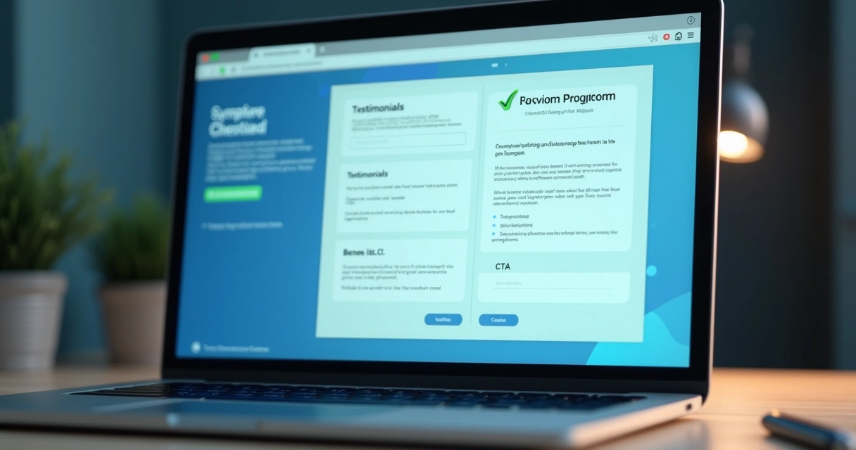 Lista digital marcada em tela de computador com elementos de página de vendas ao fundo.
