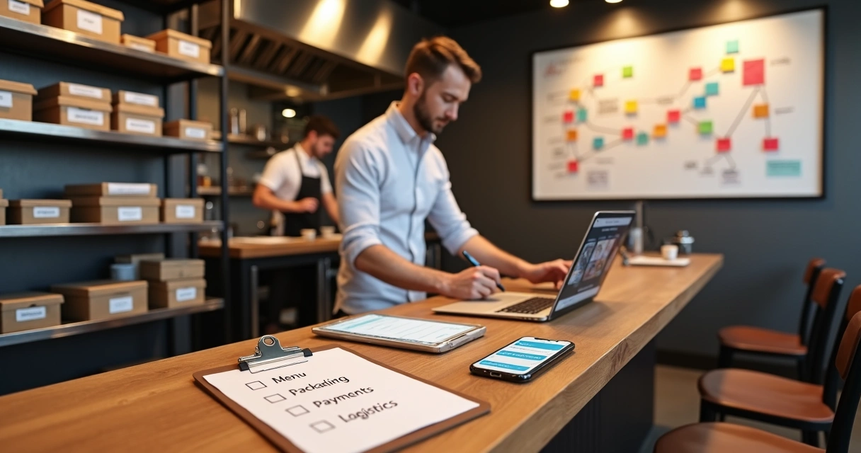 Dono de restaurante revisando checklist de lançamento de delivery em balcão organizado 