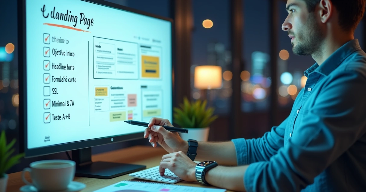 Profissional marcando checklist de landing page em quadro digital com dados de conversão ao fundo 