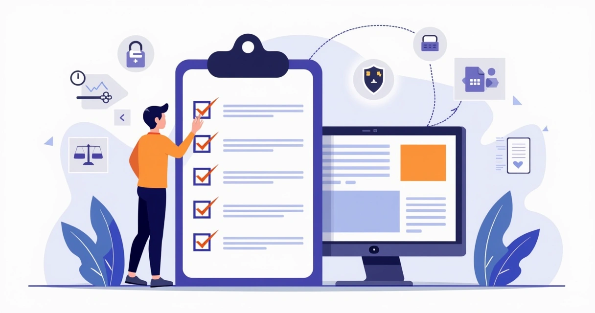 Profissional analisando checklist de landing page com ícones de segurança e conformidade 