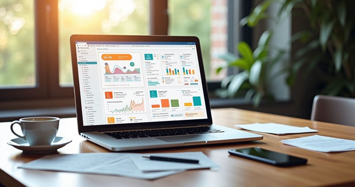 Mesa com notebook aberto mostrando uma checklist digital de landing pages SaaS, com gráficos de desempenho e anotações ao lado 