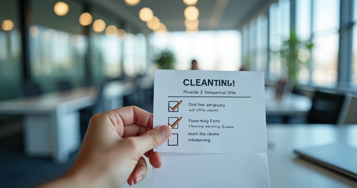 Mão segurando checklist de limpeza em escritório corporativo 