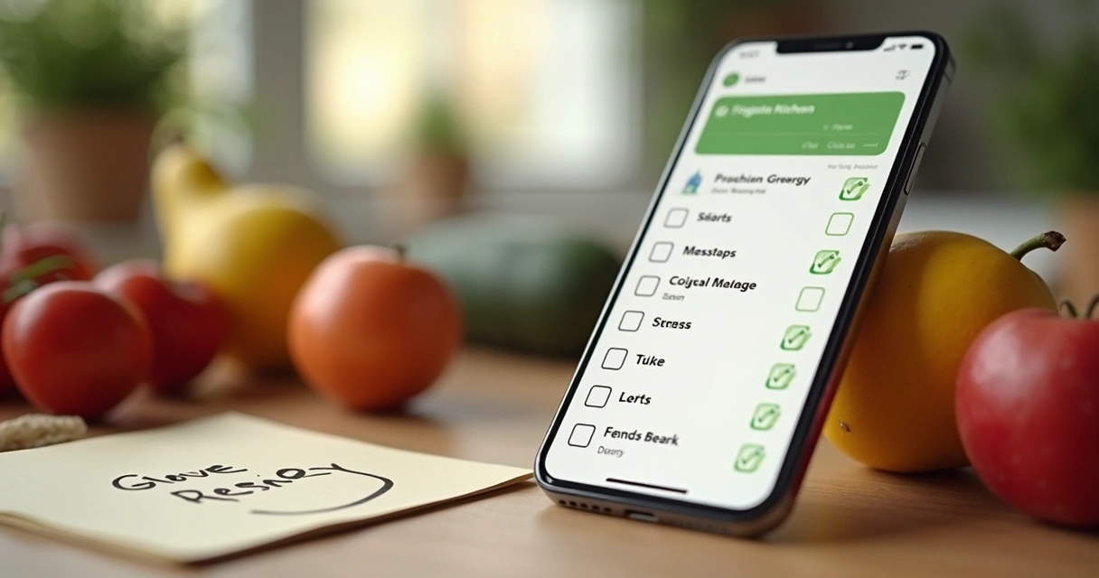 Celular exibindo checklist de supermercado na mesa 
