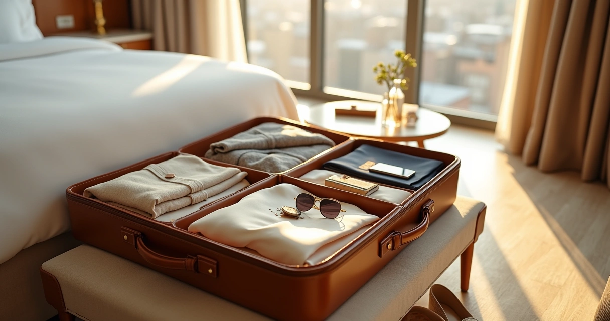 Mala de viagem de luxo aberta com itens sofisticados em um quarto de hotel elegante 