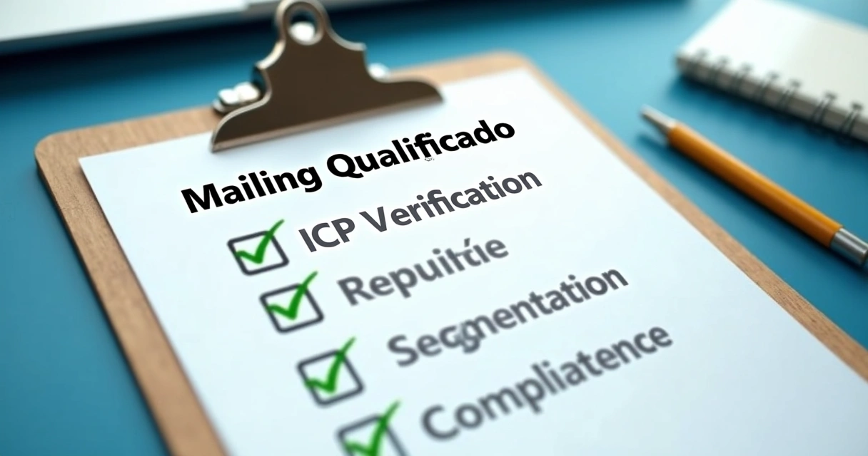 Checklist visual de mailing qualificado em uma prancheta 