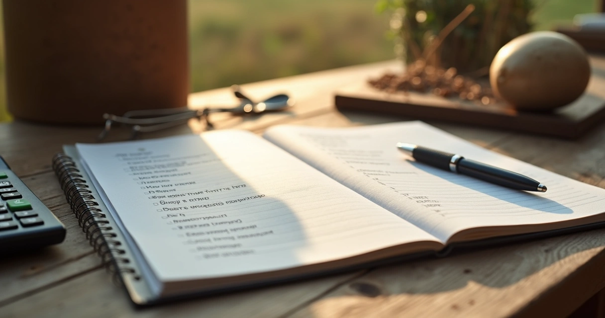 Checklist de atividades de manejo em uma mesa rústica de fazenda, com caderno, caneta e calculadora 