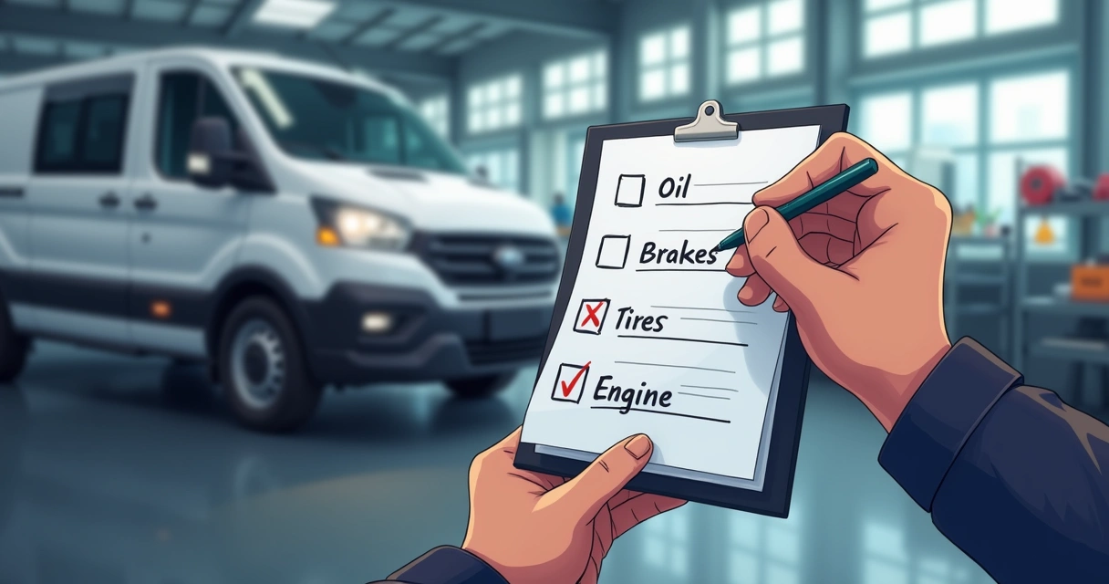 Checklist de manutenção de veículo com mecânico conferindo itens 