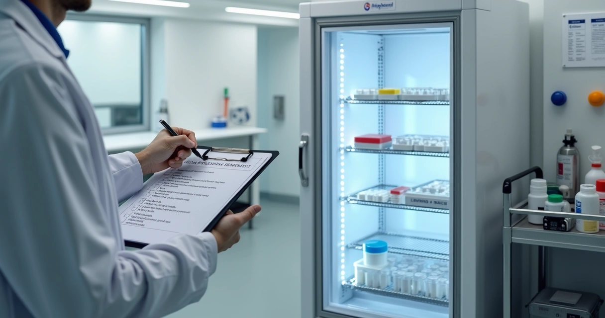 Técnico de laboratório revisando checklist impresso ao lado de freezer vertical aberto 