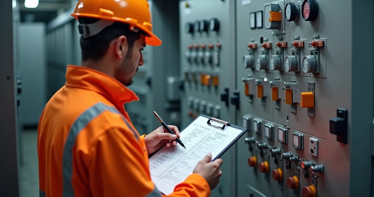Técnico preenchendo checklist em prancheta perto de painel de subestação 