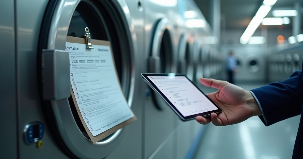 Checklist preenchido em papel e tablet ao lado de lavadora industrial 