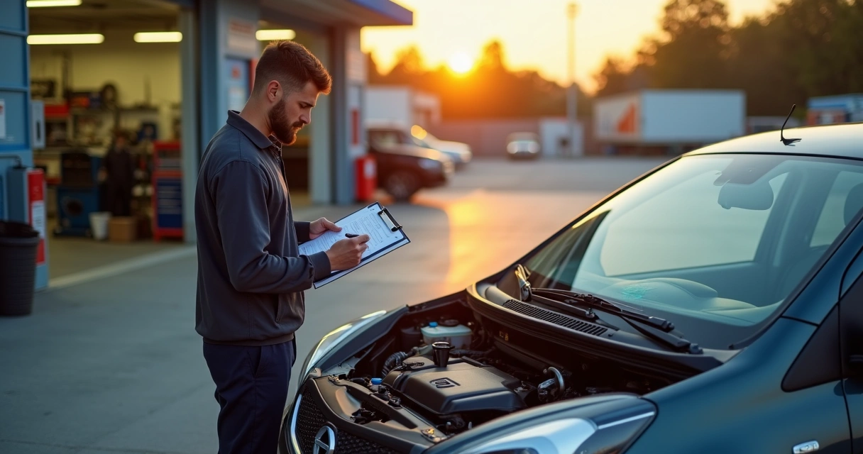 Motorista de aplicativo preenchendo checklist de manutenção apoiado no capô aberto 