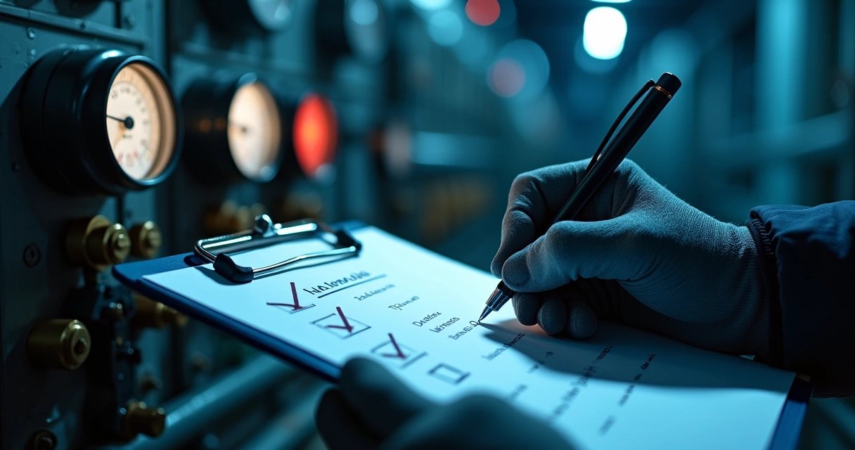 Checklist de manutenção noturna ao lado de equipamento industrial 