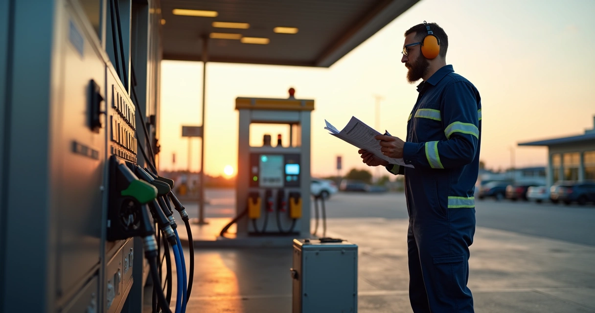 Técnico conferindo checklist de manutenção em posto de combustível moderno 
