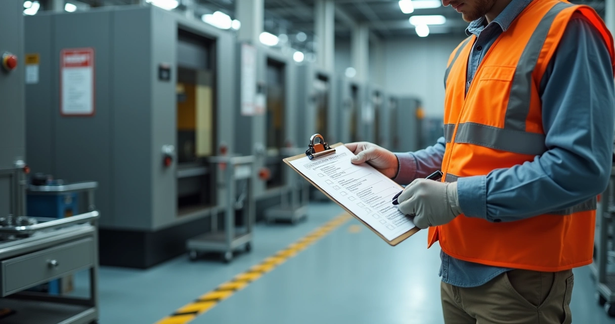 Técnico checando checklist de manutenção preventiva em máquina industrial equipada com proteções de segurança 