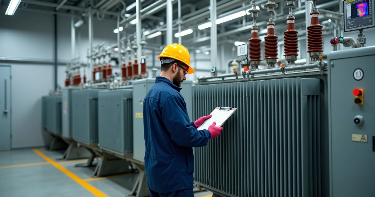 Engenheiro inspecionando transformadores secos e a óleo com checklist em mãos 