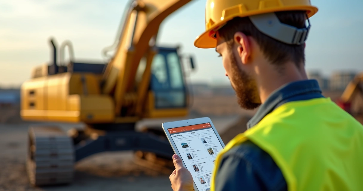 Funcionário realizando checklist digital em máquina escavadeira amarela 