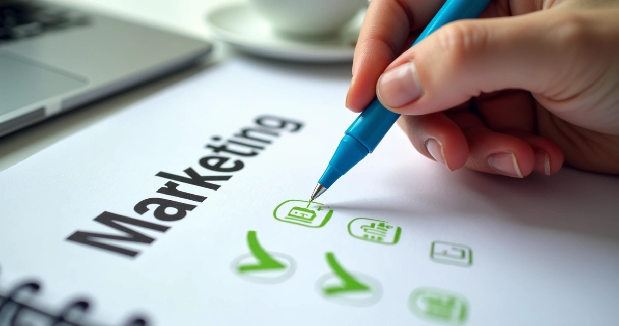 Checklist de marketing com marcações em verde em fundo claro