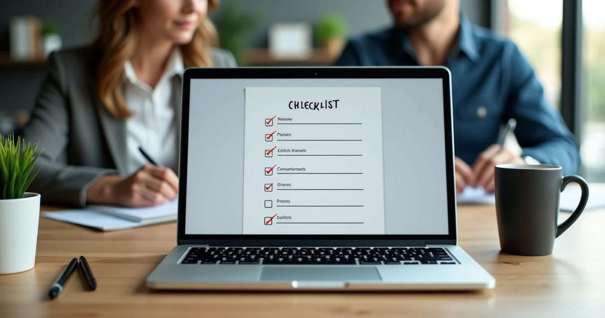 Checklist digital sendo preenchido em notebook em mesa de coworking