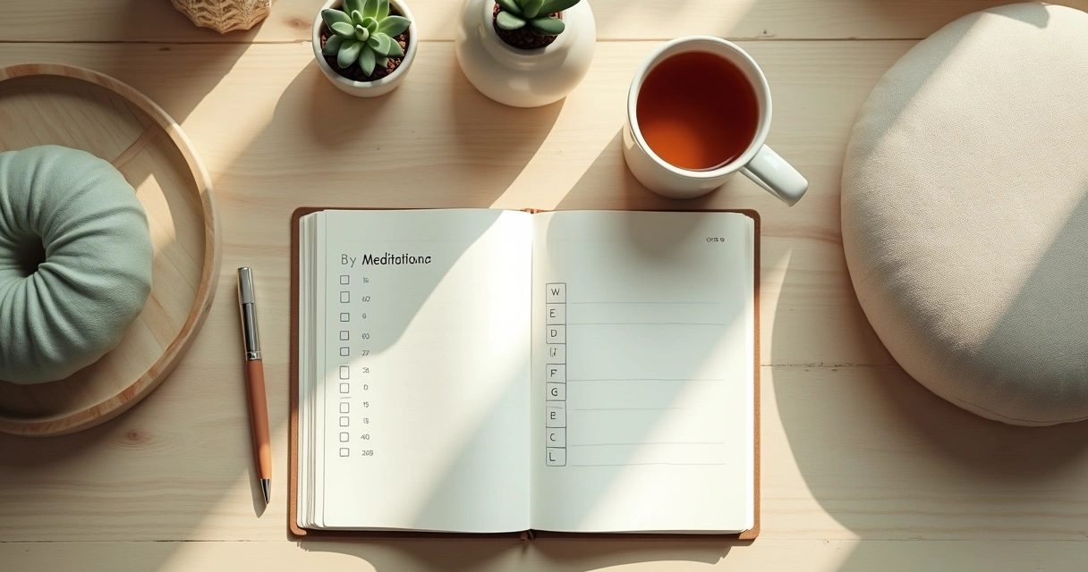 Caderno com checklist de meditação ao lado de uma xícara e almofada 
