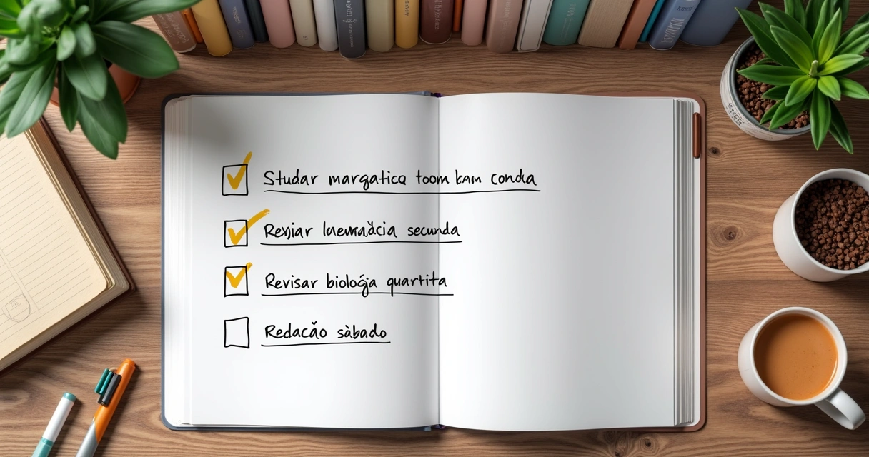 Caderno com checklist de metas de aprovação anotadas