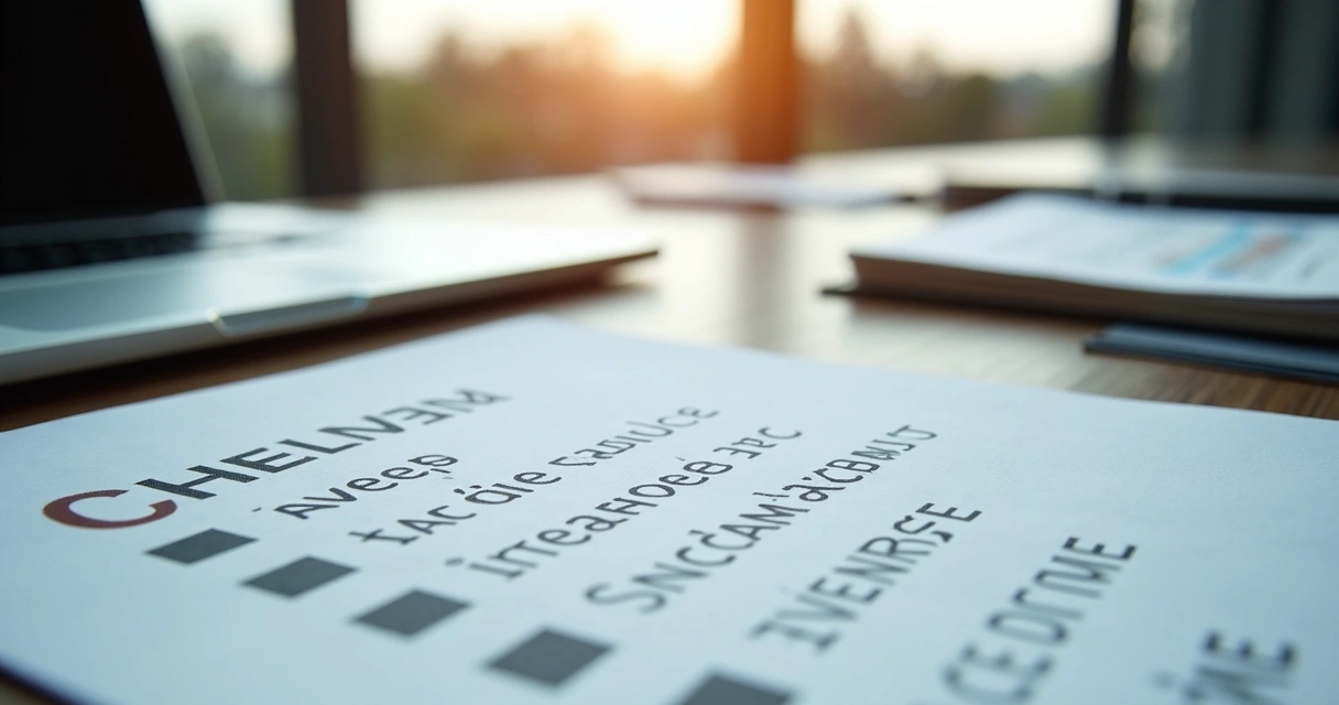 Checklist de documentos e laptop em mesa de escritório 