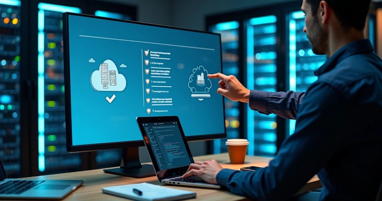 Profissional analisando checklist de migração de SaaS entre servidores em tela de computador 
