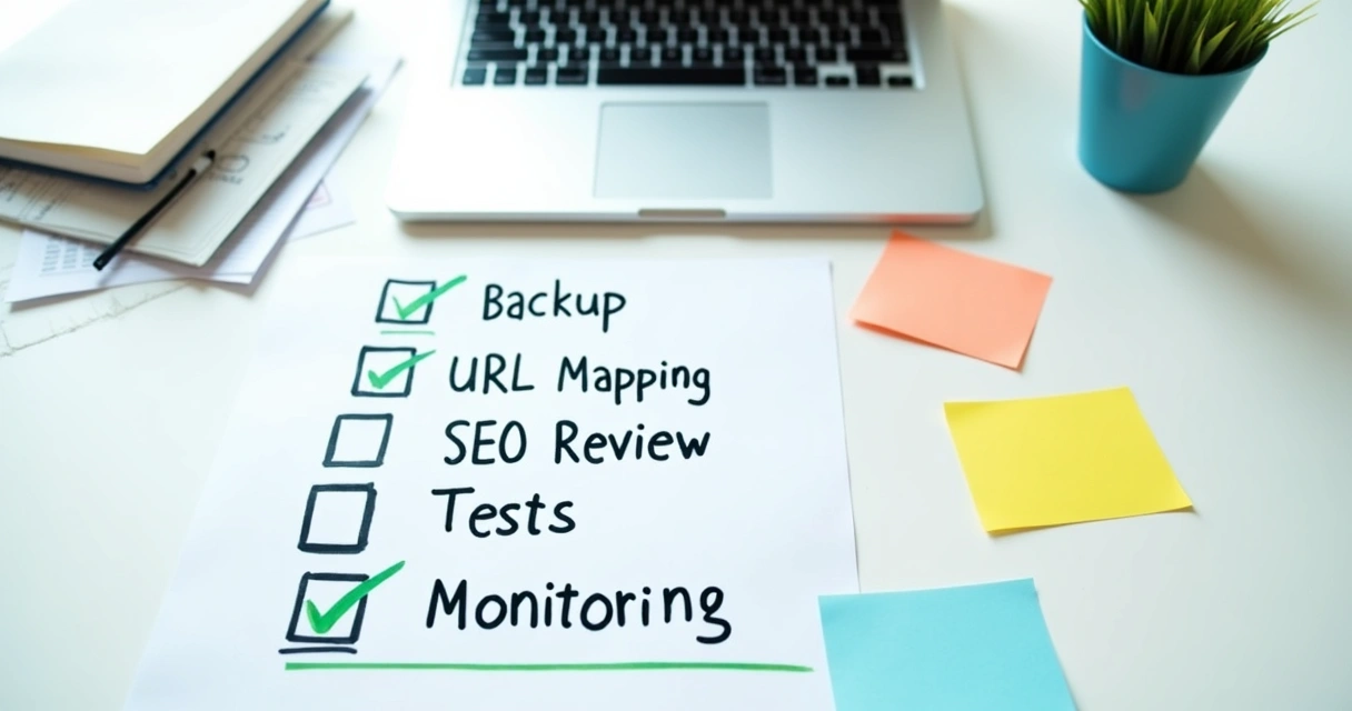 Checklist visual de migração de site, destacando etapas de backup, mapeamento de URLs, revisão de SEO, testes e monitoramento