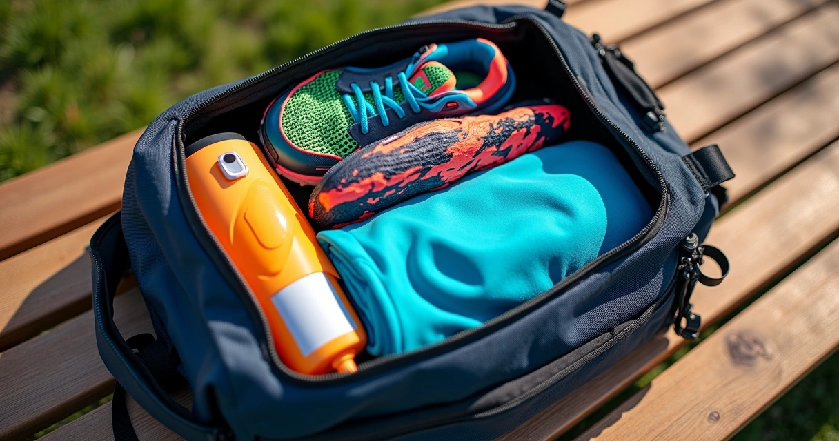 Checklist de mochila esportiva com roupas, tênis, garrafinha, relógio e protetor solar 